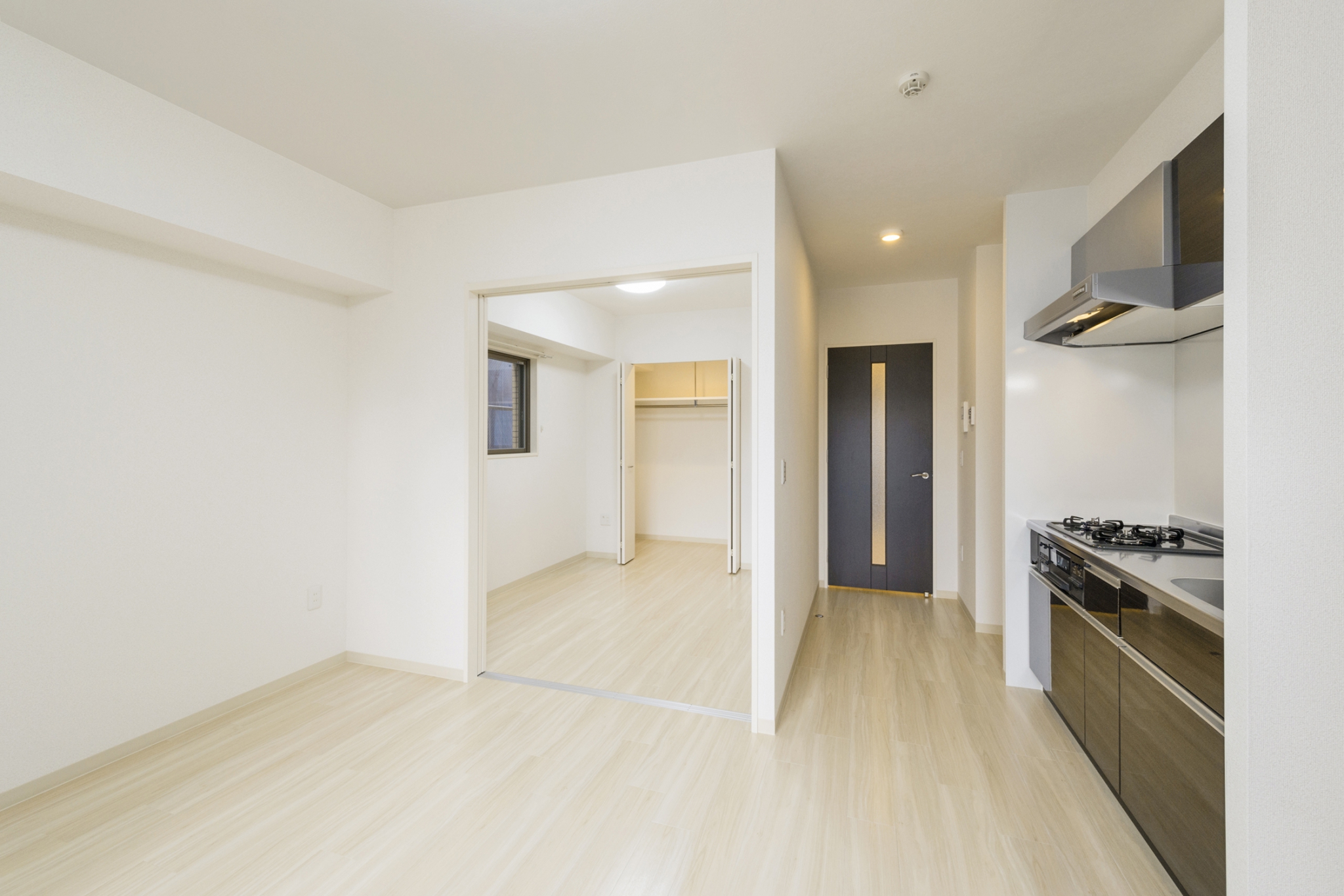 岐阜県岐阜市の賃貸マンションのナチュラルテイストな洋室・LDKに映えるドアとキッチン