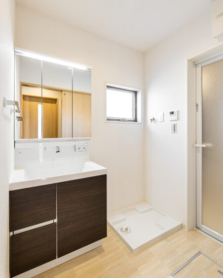 愛知県刈谷市のおしゃれな外観のナチュラルテイストな戸建賃貸住宅のおしゃれな洗面台の付いた洗面室