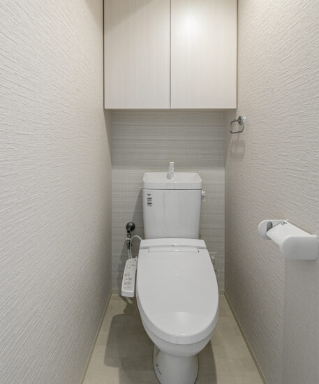 名古屋市名東区のナチュラルなデザインの3階建て賃貸マンションの大きな収納ボックスの付いたトイレ