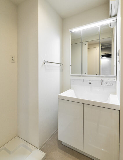 名古屋市昭和区の店舗付き12階建てワンルーム賃貸マンションの収納力のあるシャンプードレッサー付き洗面台