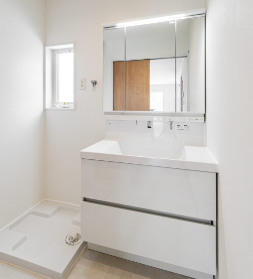 名古屋市名東区のおしゃれな戸建賃貸住宅の大容量の引き出しの付いた洗面室
