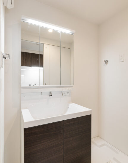 名古屋市昭和区の12階建て高級感ある賃貸マンションのダークブラウンのおしゃれな洗面室