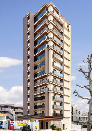 名古屋市名東区の13階建て賃貸マンションのヴィンテージスタイルのおしゃれな外観デザイン