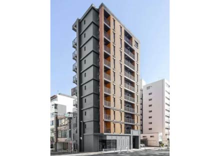 名古屋市中区の駅近・約50坪土地活用・マンション経営：レンガ調の壁と無機質な色の組み合わせのブルックリン風の外観デザインの賃貸マンションの施工例