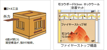 ２×４工法 6面が閉じた箱型構造が、強さの秘密。ファイヤーストップ構造