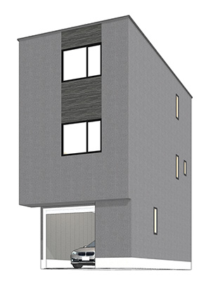 ビルトインガレージ付き木造3階建て戸建て賃貸住宅(ガレージハウス)「アプトクーボタイプG」2LDK外観パース