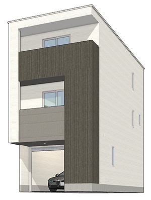 ビルトインガレージ付き木造3階建て戸建て賃貸住宅(ガレージハウス)「アプトクーボタイプG」3LDK外観パース