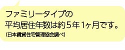 ファミリータイプの平均居住年数は約5年1ヶ月です。(日本賃貸住宅管理協会調べ)